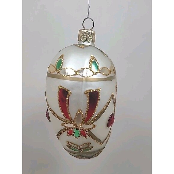 Vintage Christmas Ornament Glass Heart White W/ Gold/Red/Green - Picture 6 of 6